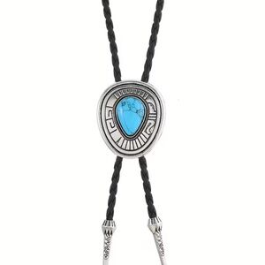 Turquoise Stone Silver Bolo Tie on Braided Black Cord